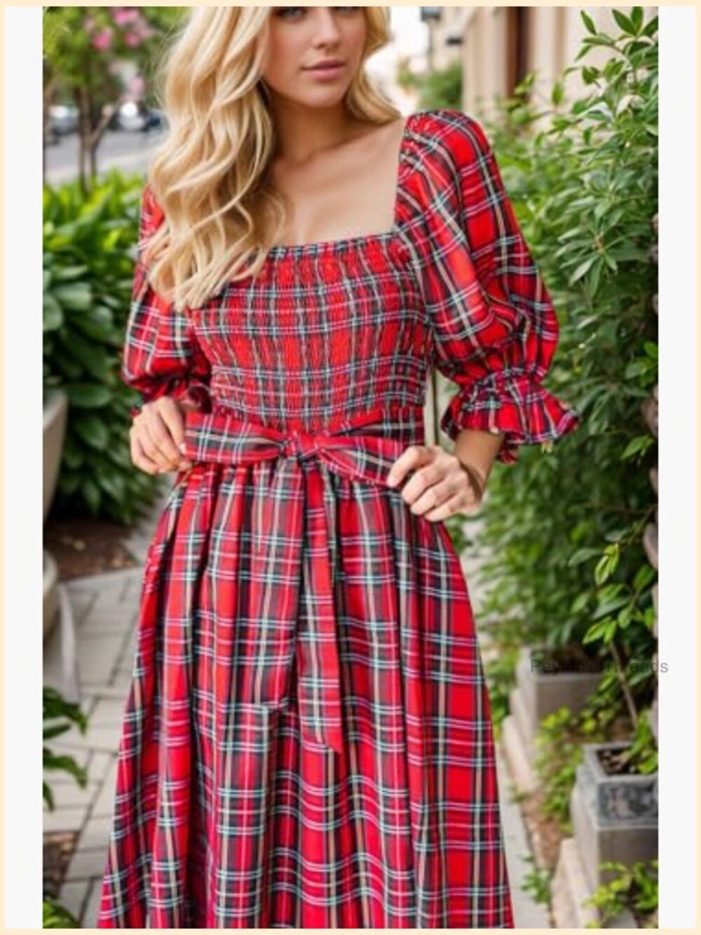 Womens Casual Tartan Plaid Square Neck Puff Sleeve Knot Waist Midi Dress - Picture 3 of 5